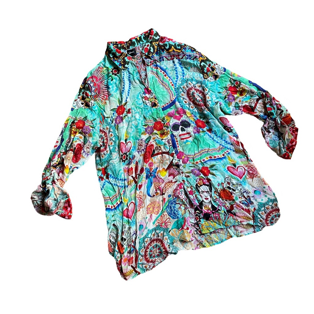 Colorful Mexican Folk Art Graphic Button-Up Shirt